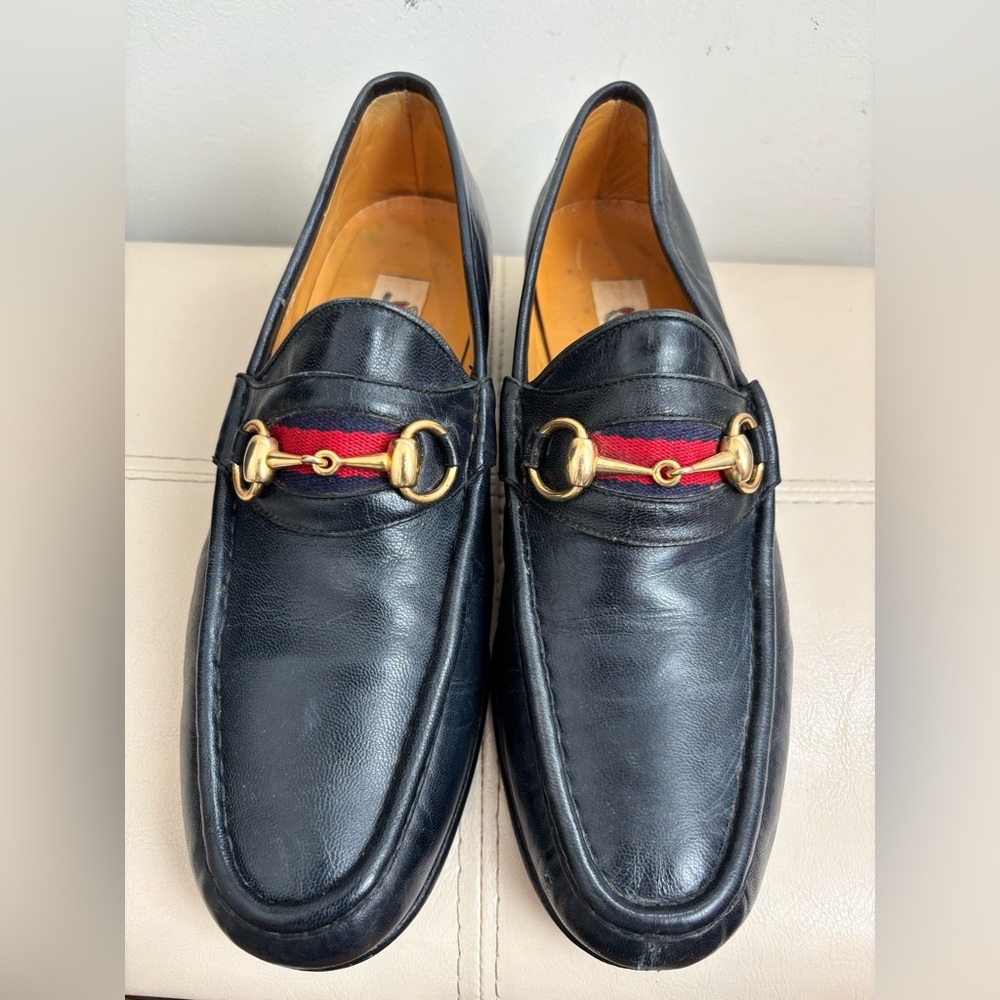 Vintage Gucci Gold Horse-bit Navy Blue Leather Loafers With Red Stripes Size 42S